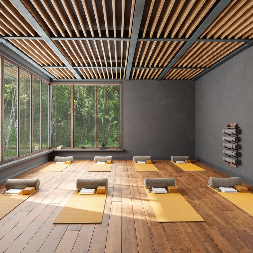 Empty Yoga Studio Interior With Exercise Mats, Pillows, Yoga Blocks And Garden View From The Window